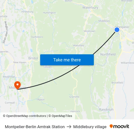 Montpelier-Berlin Amtrak Station to Middlebury village map