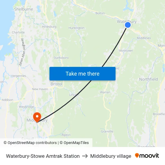 Waterbury-Stowe Amtrak Station to Middlebury village map