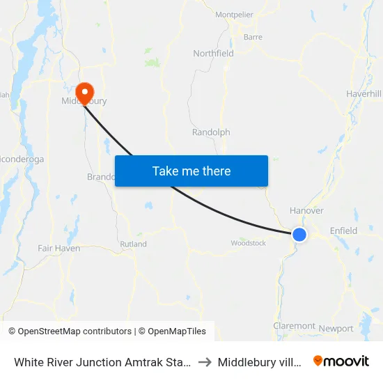 White River Junction Amtrak Station to Middlebury village map