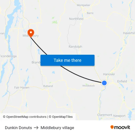 Dunkin Donuts to Middlebury village map