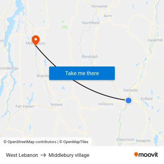 West Lebanon to Middlebury village map