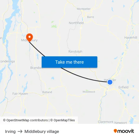 Irving to Middlebury village map