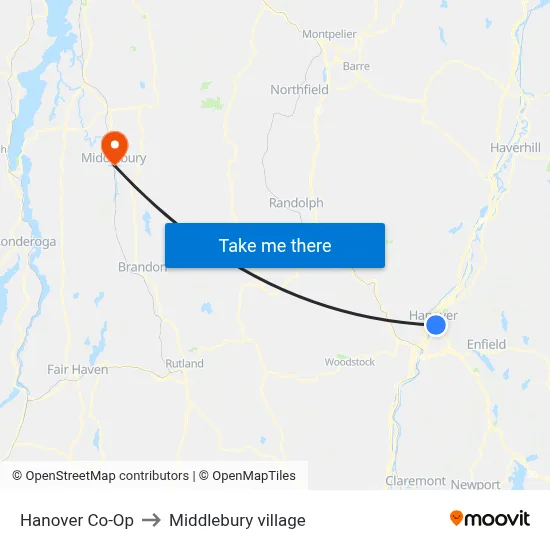 Hanover Co-Op to Middlebury village map