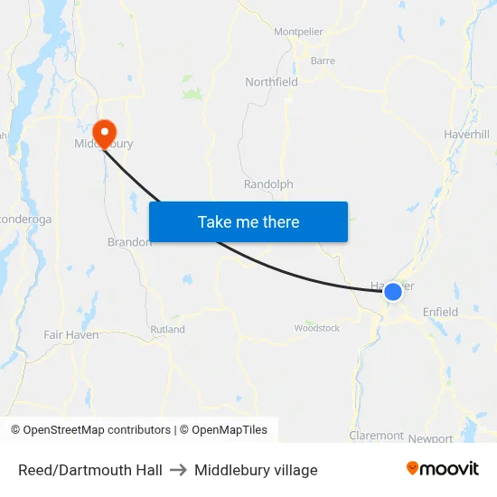 Reed/Dartmouth Hall to Middlebury village map