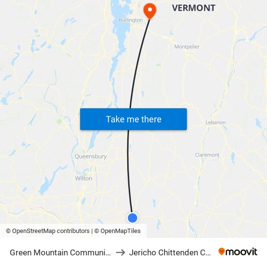 Green Mountain Community Bus Terminal to Jericho Chittenden County VT USA map