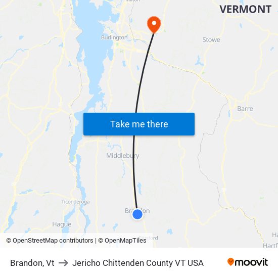 Brandon, Vt to Jericho Chittenden County VT USA map