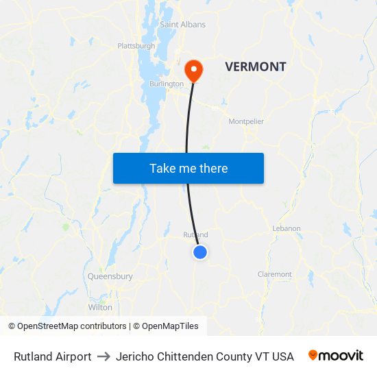 Rutland Airport to Jericho Chittenden County VT USA map