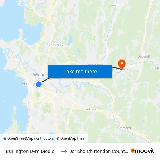 Burlington Uvm Medical Center to Jericho Chittenden County VT USA map