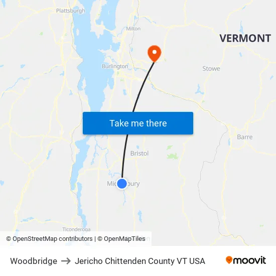 Woodbridge to Jericho Chittenden County VT USA map