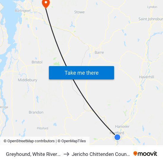 Greyhound, White River Junction to Jericho Chittenden County VT USA map