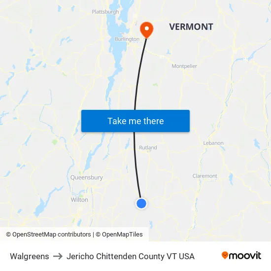 Walgreens to Jericho Chittenden County VT USA map