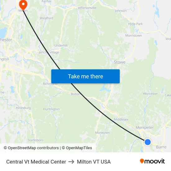 Central Vt Medical Center to Milton VT USA map