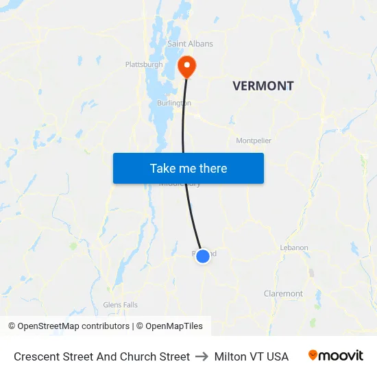 Crescent Street And Church Street to Milton VT USA map