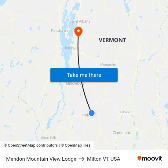 Mendon Mountain View Lodge to Milton VT USA map