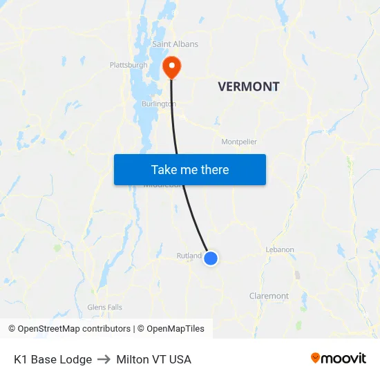 K1 Base Lodge to Milton VT USA map