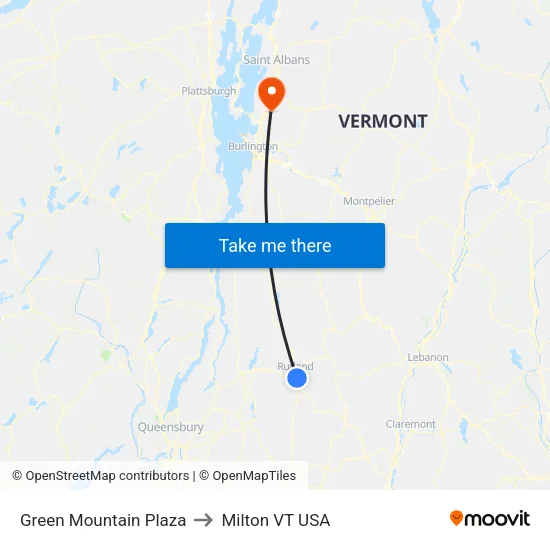 Green Mountain Plaza to Milton VT USA map