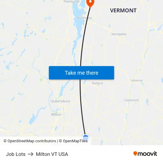 Job Lots to Milton VT USA map