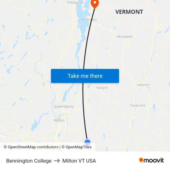 Bennington College to Milton VT USA map
