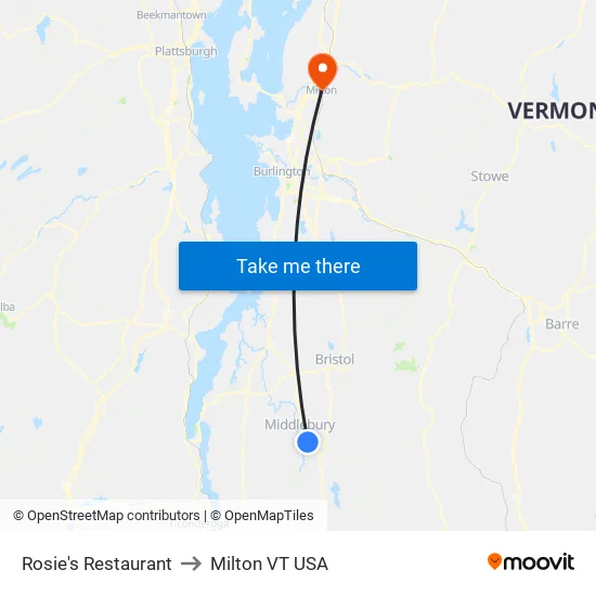 Rosie's Restaurant to Milton VT USA map