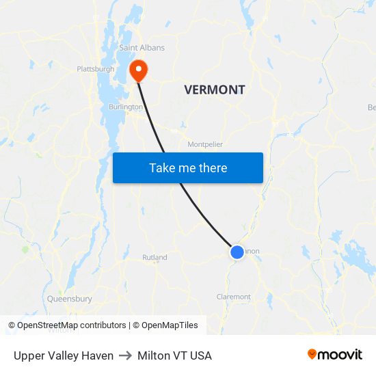 Upper Valley Haven to Milton VT USA map