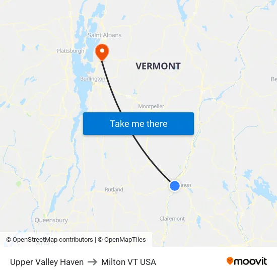Upper Valley Haven to Milton VT USA map