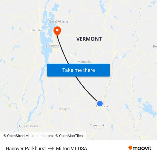 Hanover Parkhurst to Milton VT USA map