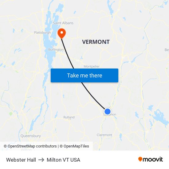 Webster Hall to Milton VT USA map