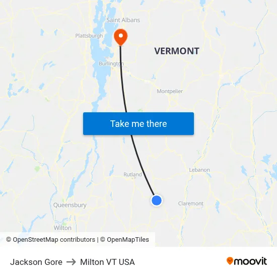 Jackson Gore to Milton VT USA map