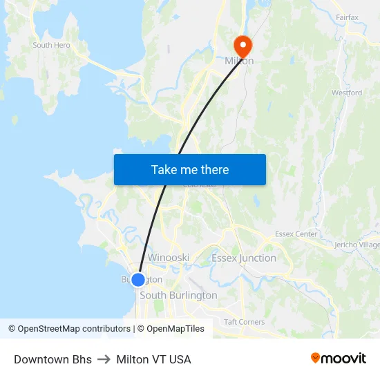 Downtown Bhs to Milton VT USA map