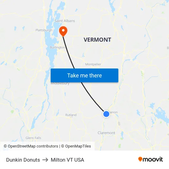 Dunkin Donuts to Milton VT USA map