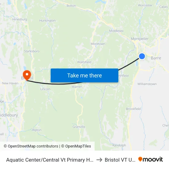 Aquatic Center/Central Vt Primary Health to Bristol VT USA map