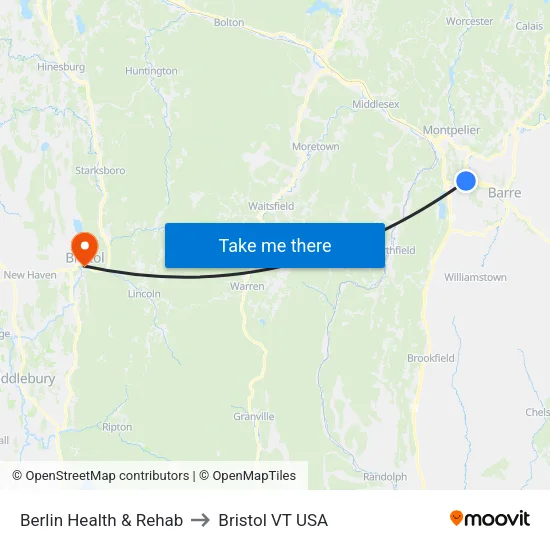 Berlin Health & Rehab to Bristol VT USA map