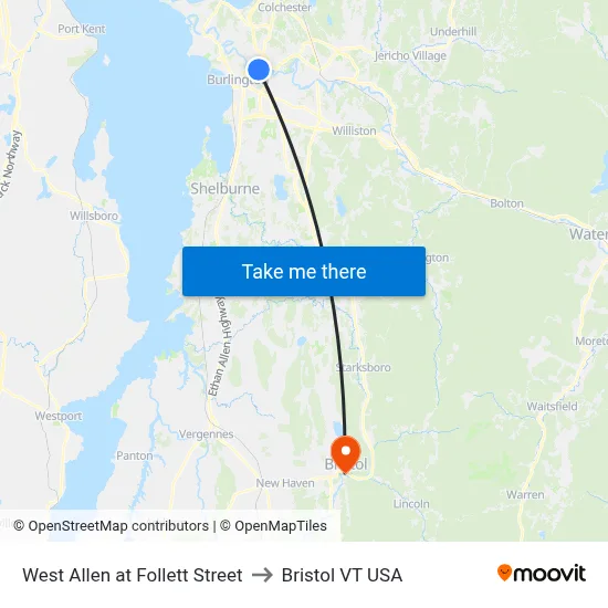 West Allen at Follett Street to Bristol VT USA map