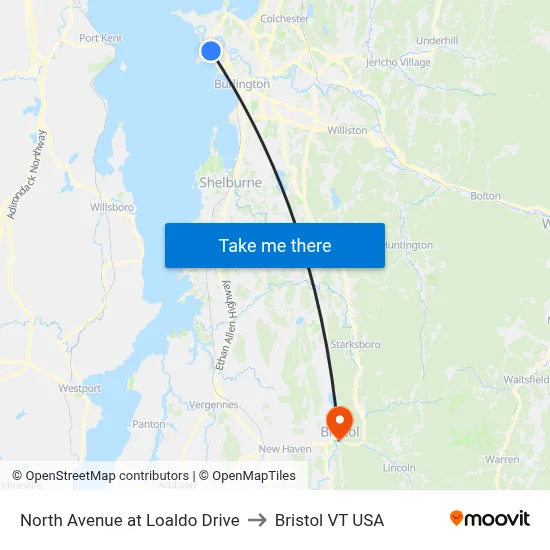 North Avenue at Loaldo Drive to Bristol VT USA map