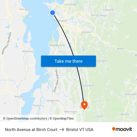 North Avenue at Birch Court to Bristol VT USA map