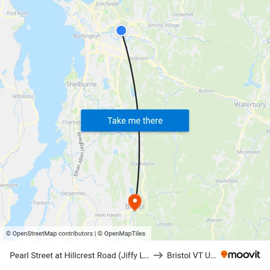 Pearl Street at Hillcrest Road (Jiffy Lube) to Bristol VT USA map