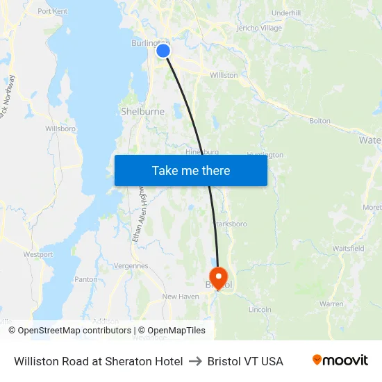 Williston Road at Sheraton Hotel to Bristol VT USA map