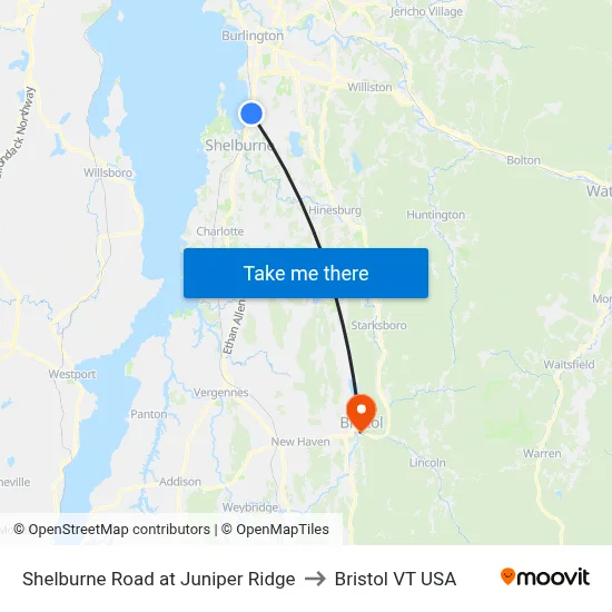 Shelburne Road at Juniper Ridge to Bristol VT USA map