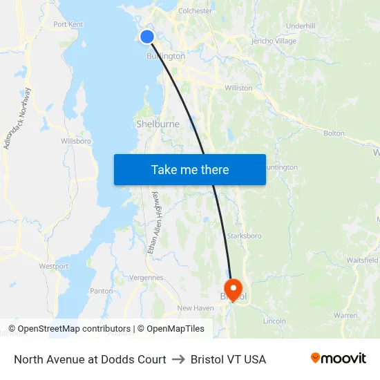North Avenue at Dodds Court to Bristol VT USA map