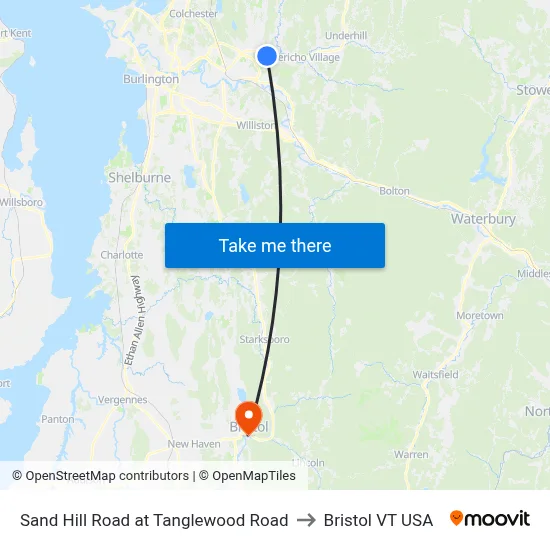 Sand Hill Road at Tanglewood Road to Bristol VT USA map
