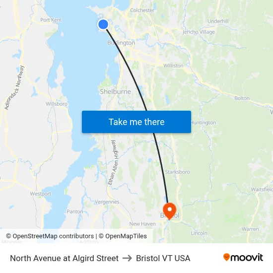 North Avenue at Algird Street to Bristol VT USA map