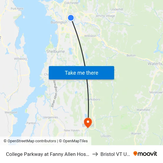 College Parkway at Fanny Allen Hospital to Bristol VT USA map