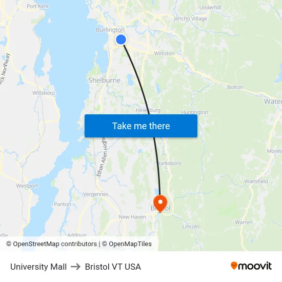University Mall to Bristol VT USA map
