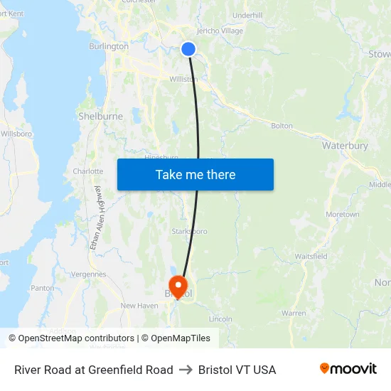 River Road at Greenfield Road to Bristol VT USA map