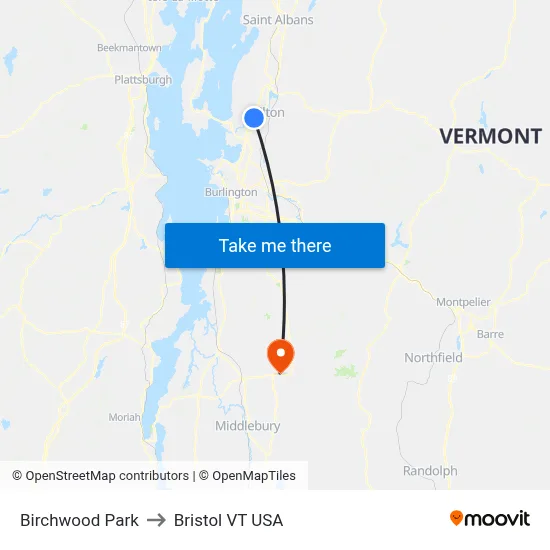 Birchwood Park to Bristol VT USA map