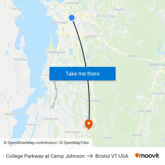 College Parkway at Camp Johnson to Bristol VT USA map