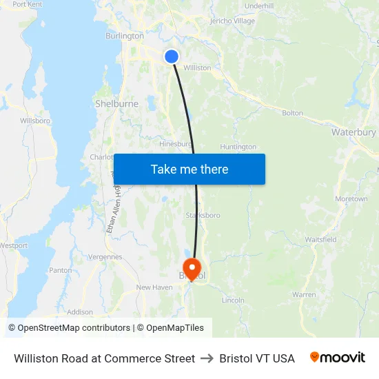 Williston Road at Commerce Street to Bristol VT USA map
