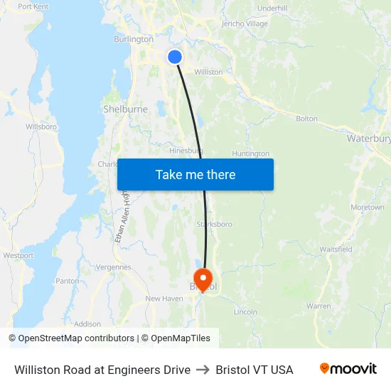 Williston Road at Engineers Drive to Bristol VT USA map