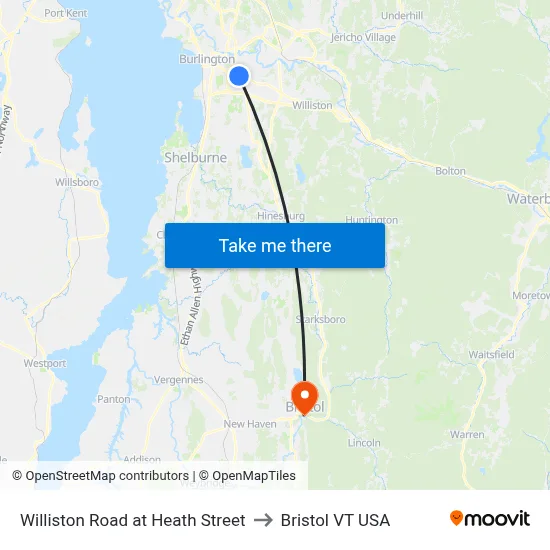 Williston Road at Heath Street to Bristol VT USA map