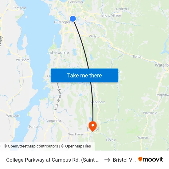 College Parkway at Campus Rd. (Saint Mikes West Entrance) to Bristol VT USA map